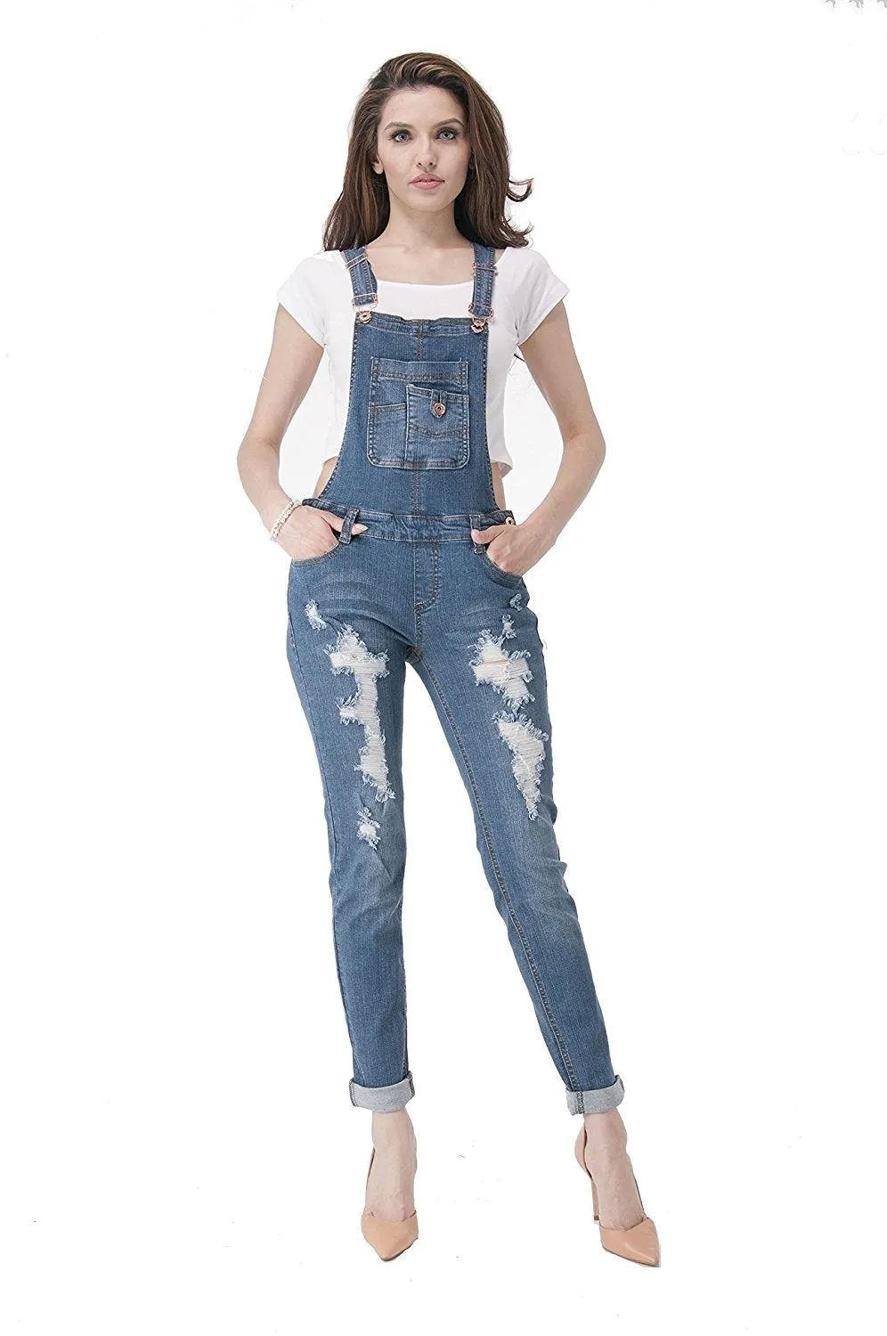 Hollywood Star Fashion Dark Blue Destroyed Overalls