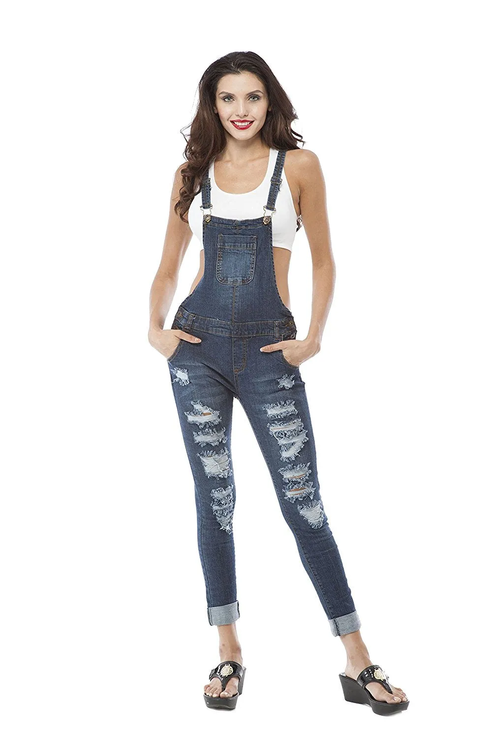 Hollywood Star Fashion Dark Blue Destroyed Overalls