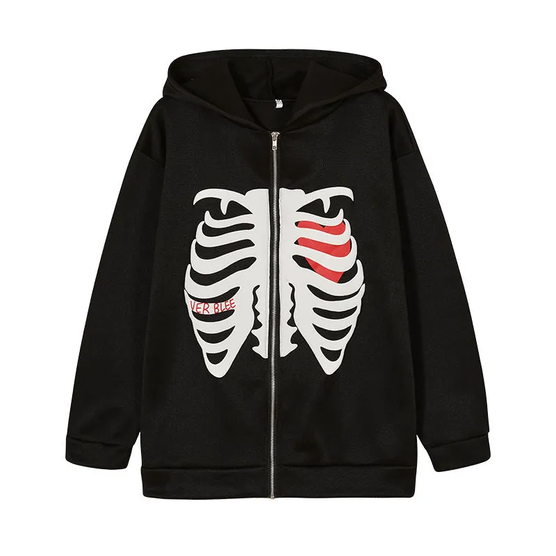 Hooded Sweater Conventional Women's Loose Skull Print Zip Long Sleeve Coat Tide Cardigan