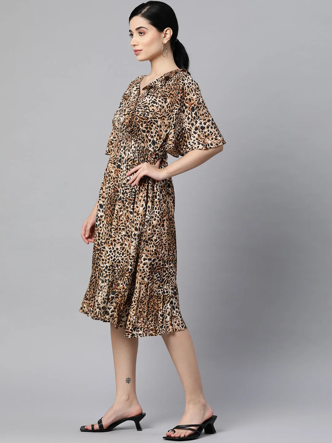 Indibelle Rayon Animal Print Dress (Brown)