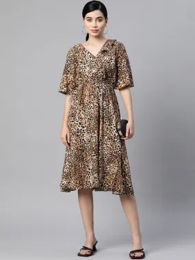 Indibelle Rayon Animal Print Dress (Brown)