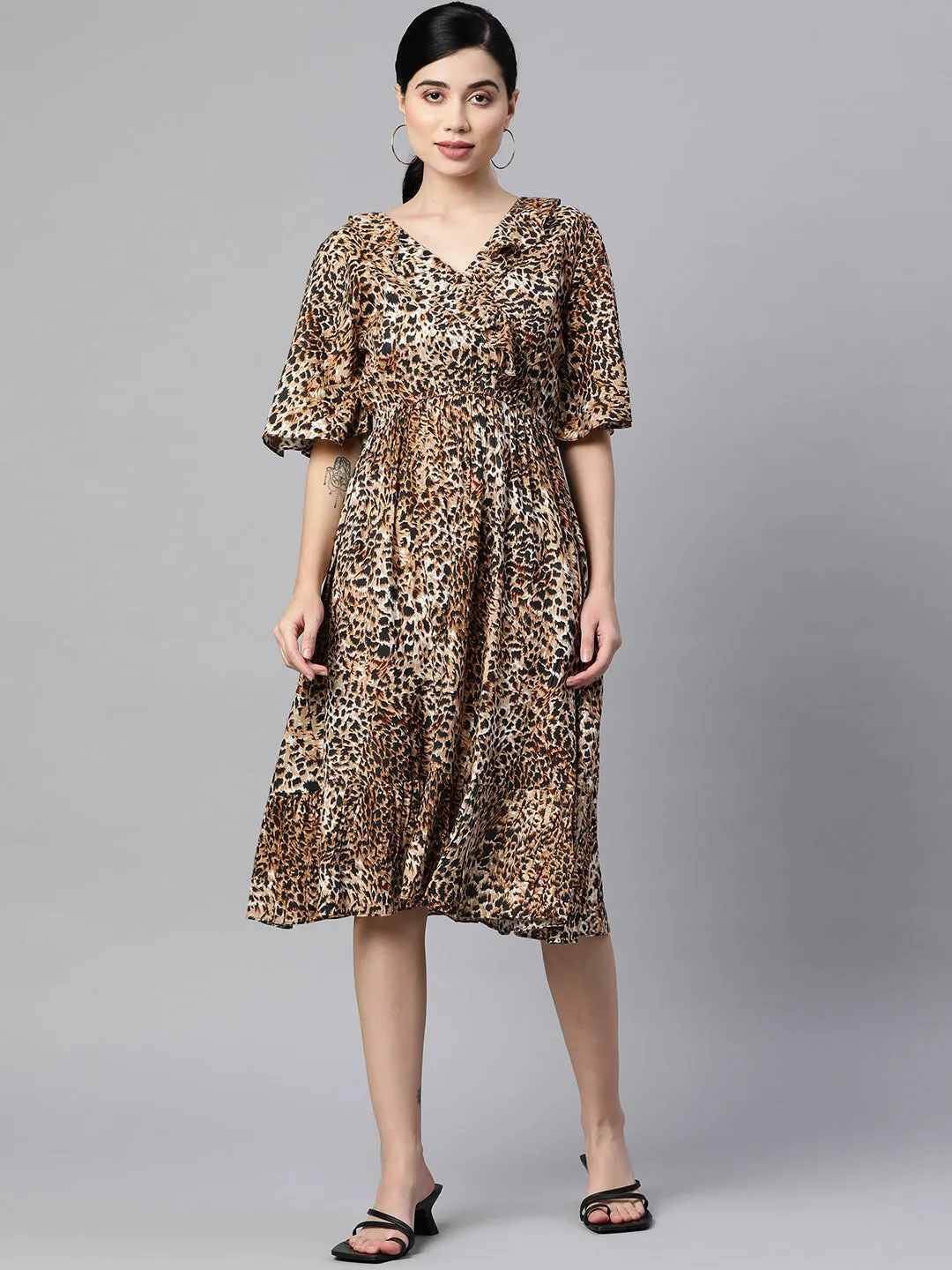 Indibelle Rayon Animal Print Dress (Brown)