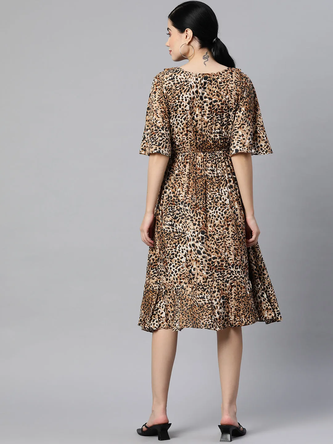 Indibelle Rayon Animal Print Dress (Brown)