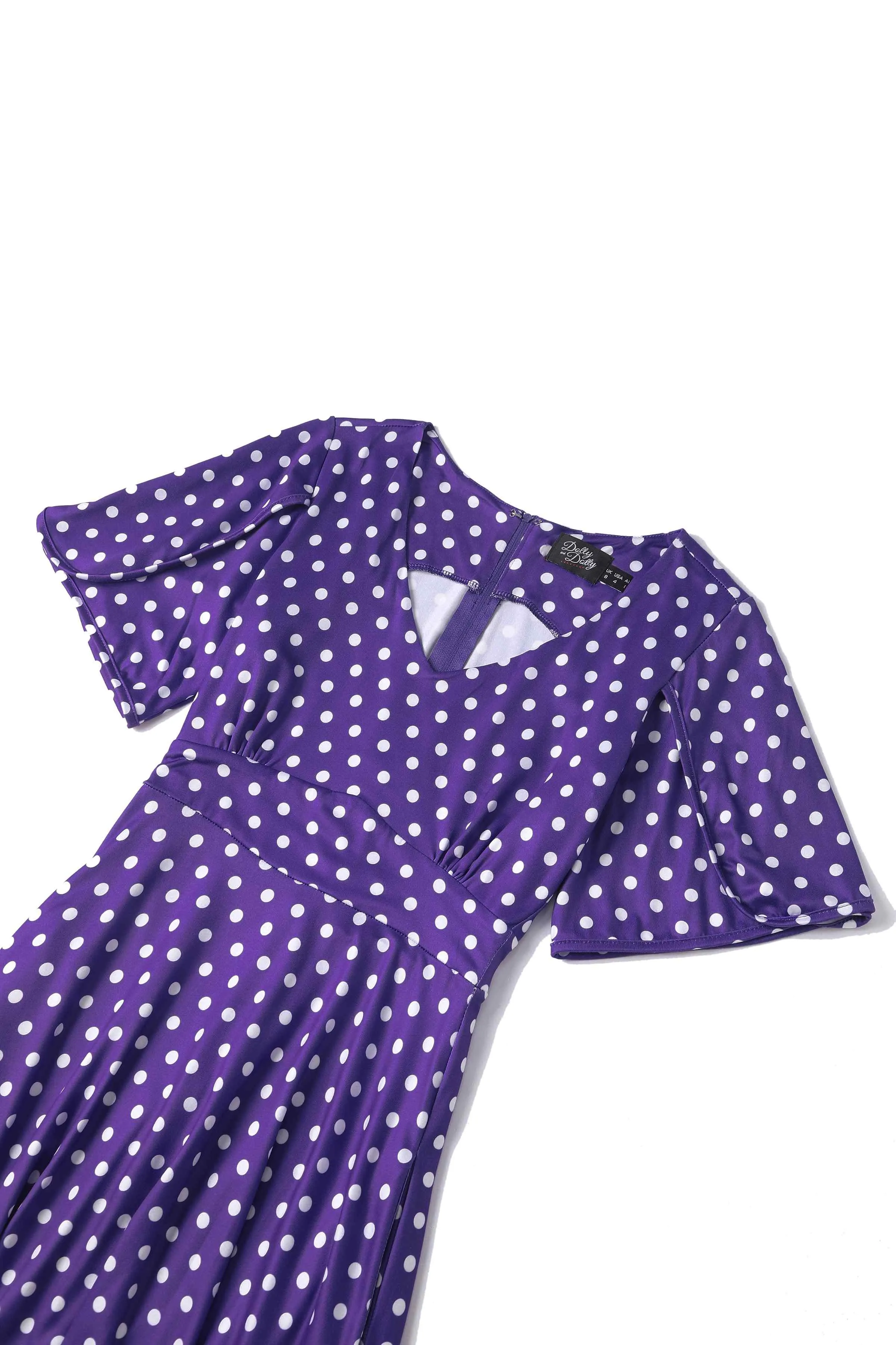 Janice Purple Polka Dot Sleeved Flared Tea Dress