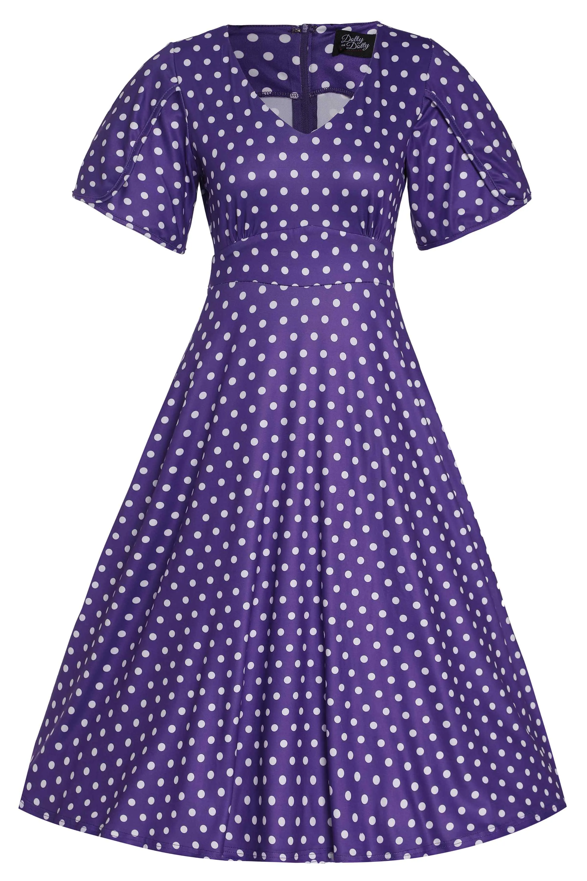 Janice Purple Polka Dot Sleeved Flared Tea Dress