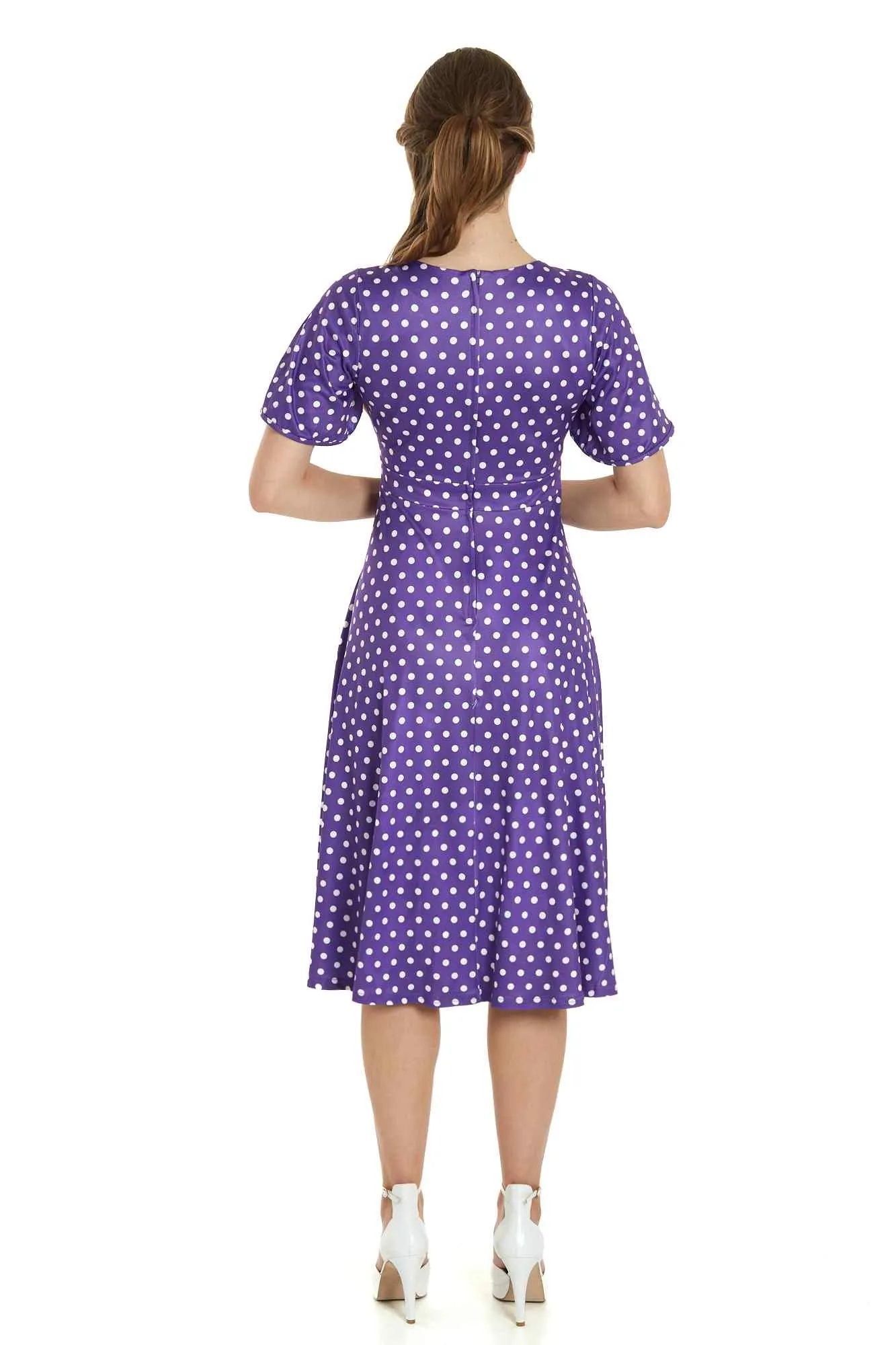 Janice Purple Polka Dot Sleeved Flared Tea Dress