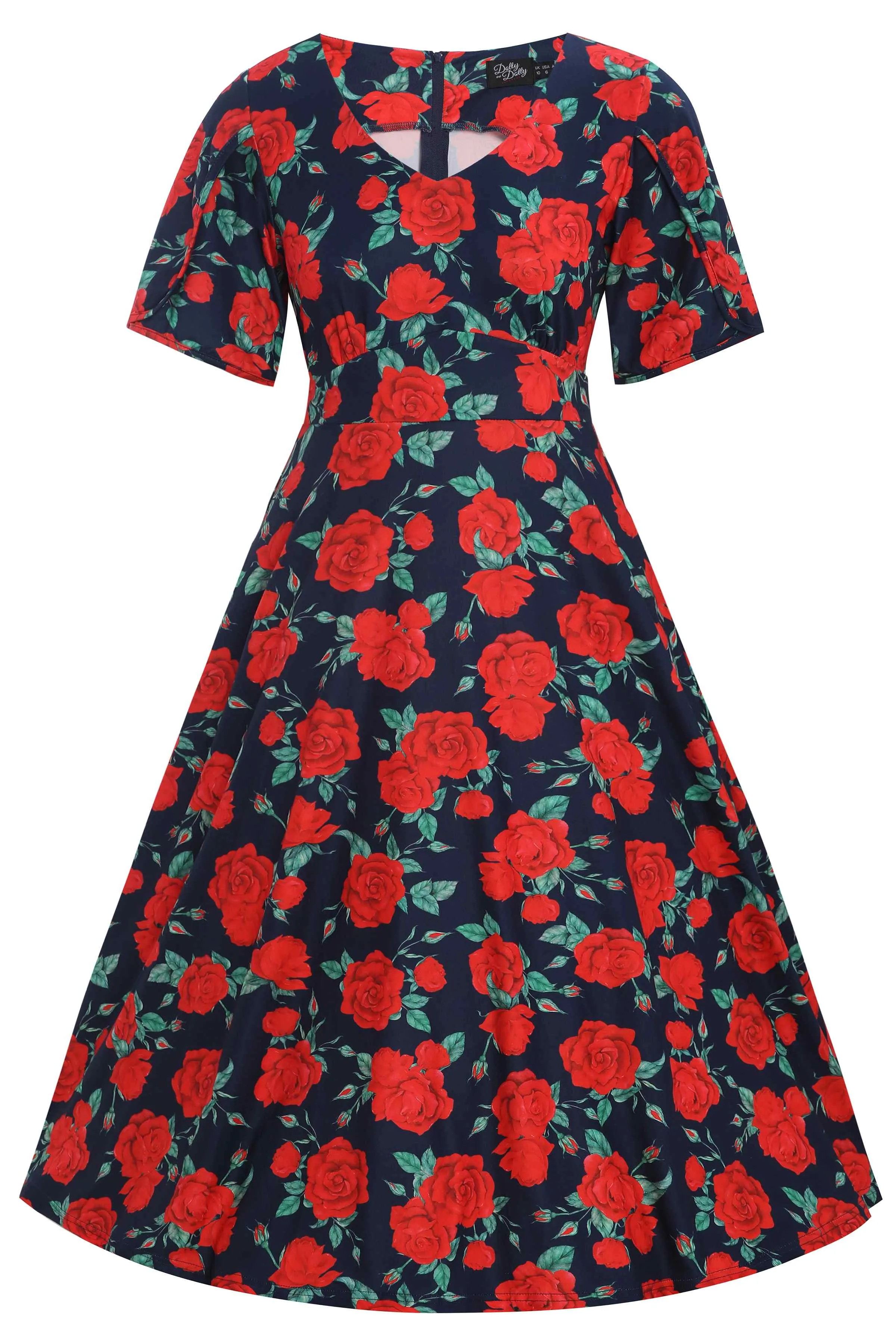 Janice Sleeved Tea Dress in Navy Blue/Red Rose Print