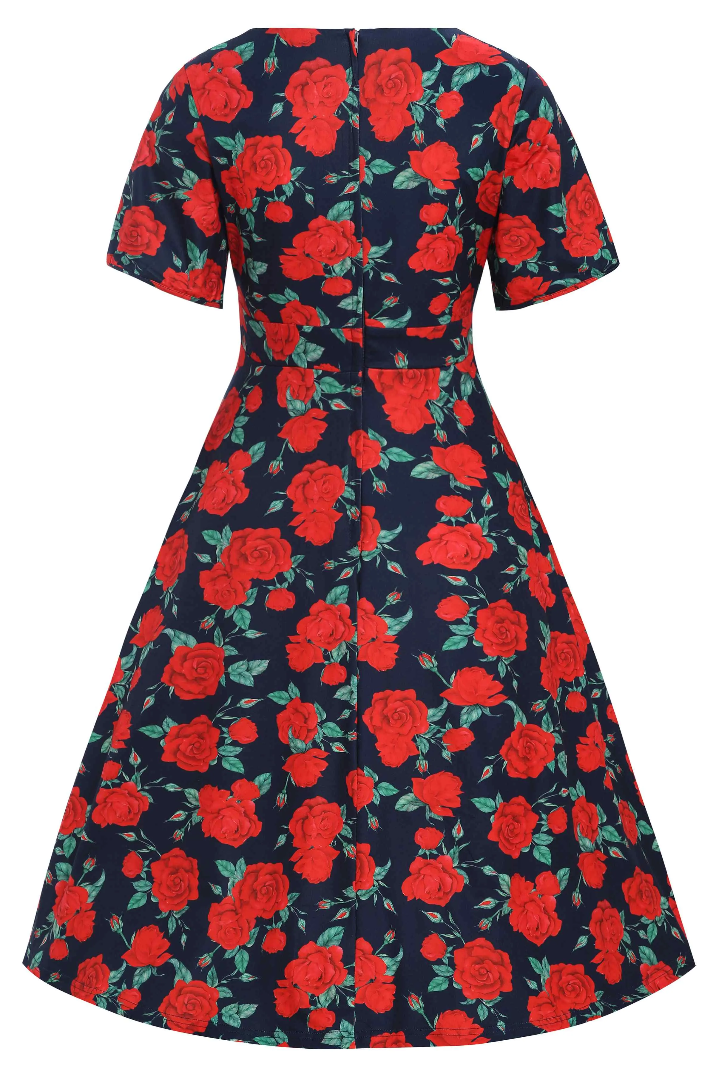 Janice Sleeved Tea Dress in Navy Blue/Red Rose Print