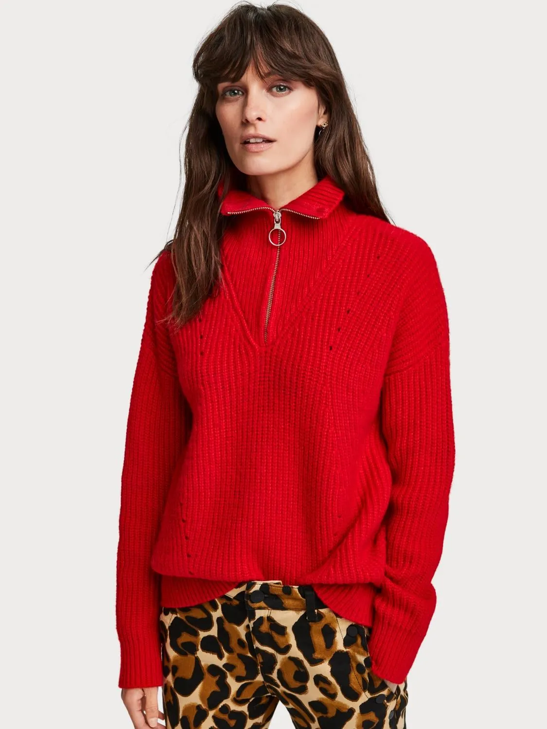 Knitted Zip-Up Pullover (Red)