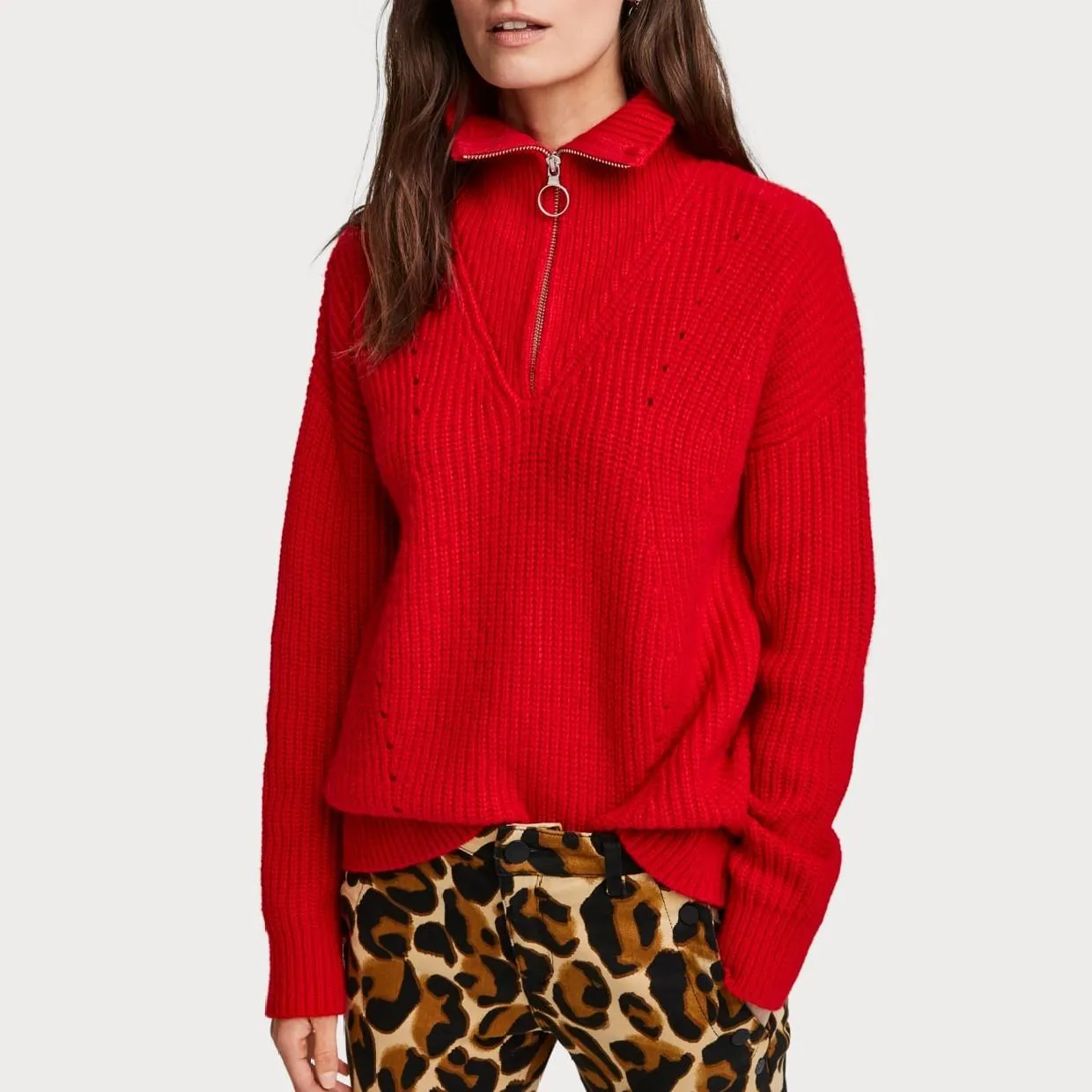 Knitted Zip-Up Pullover (Red)