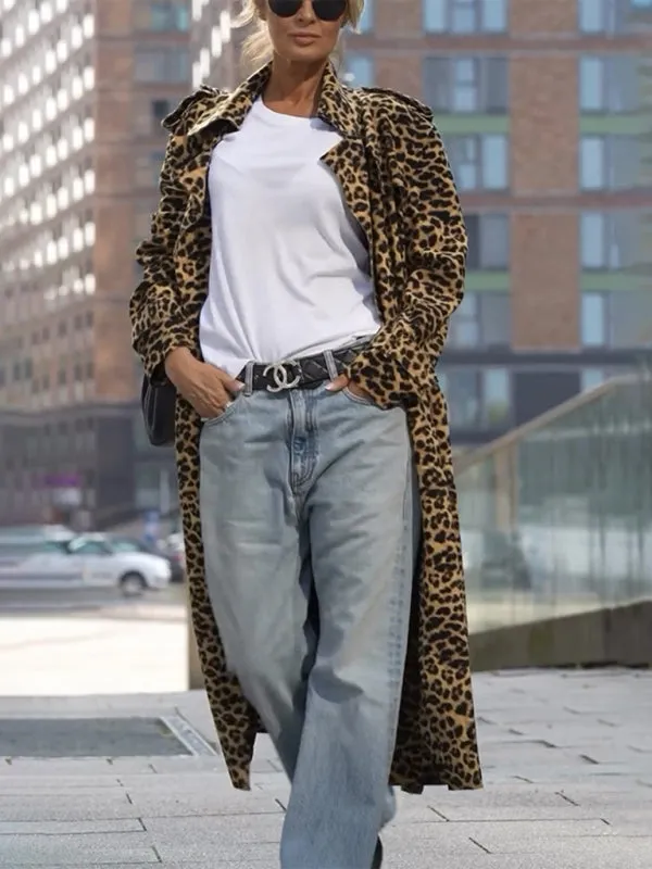 Leopard Print Notch Lapel Coat Evening Windbreaker