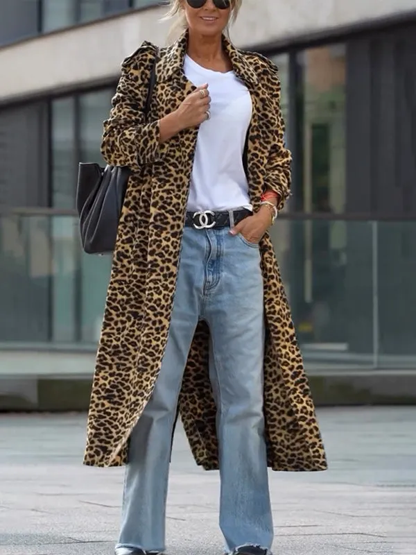 Leopard Print Notch Lapel Coat Evening Windbreaker