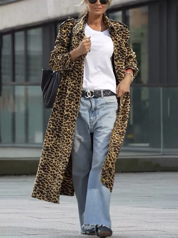 Leopard Print Notch Lapel Coat Evening Windbreaker