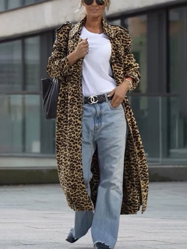 Leopard Print Notch Lapel Coat Evening Windbreaker