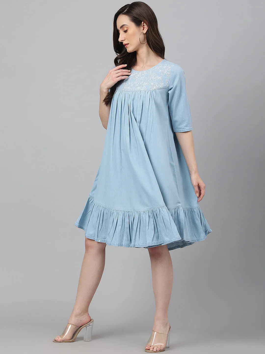 Light Blue Denim Half Sleeve Flared Dress