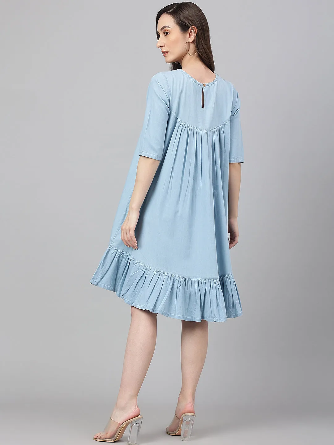 Light Blue Denim Half Sleeve Flared Dress