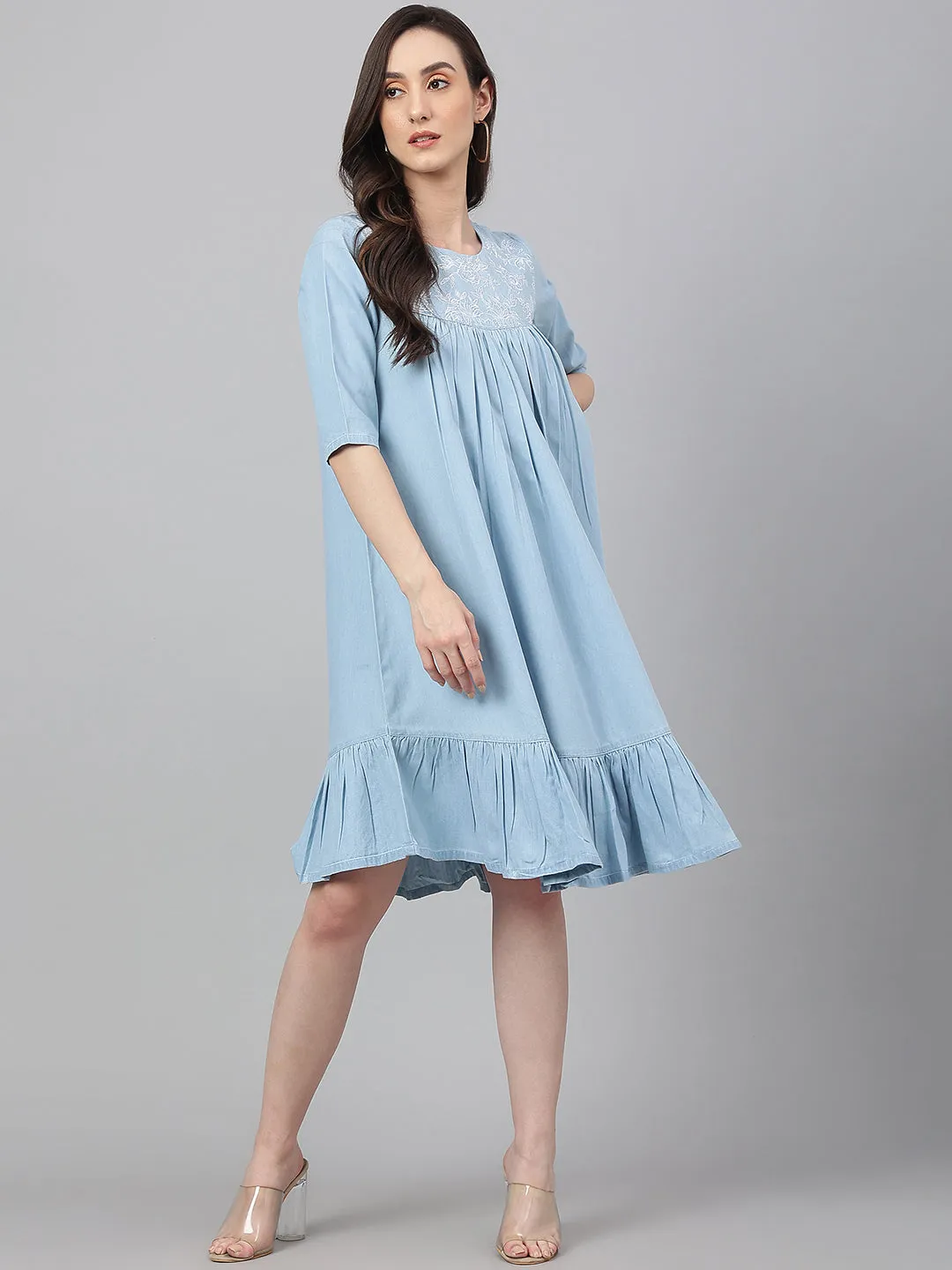 Light Blue Denim Half Sleeve Flared Dress