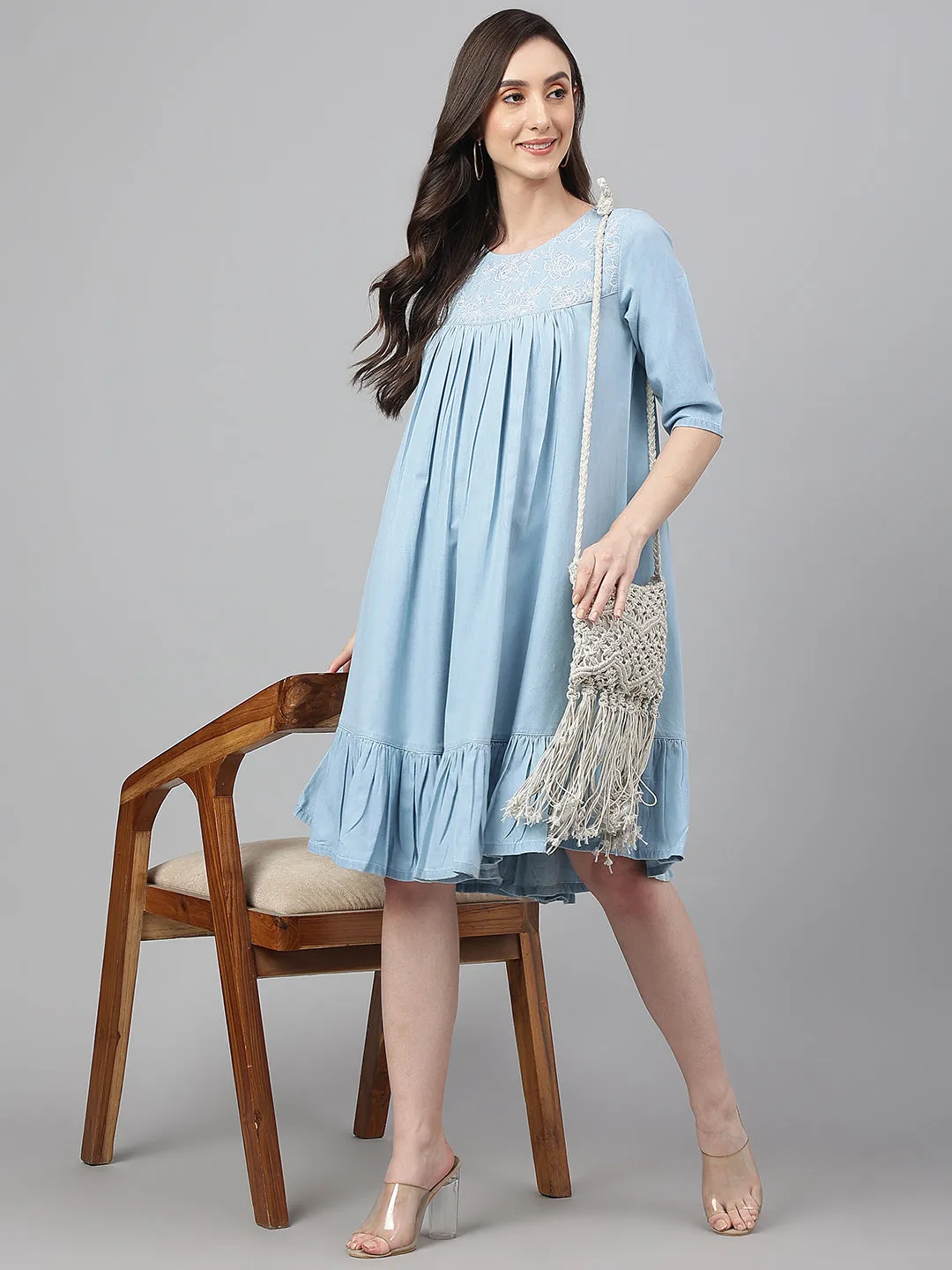 Light Blue Denim Half Sleeve Flared Dress