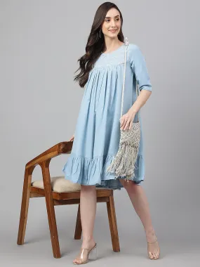 Light Blue Denim Half Sleeve Flared Dress