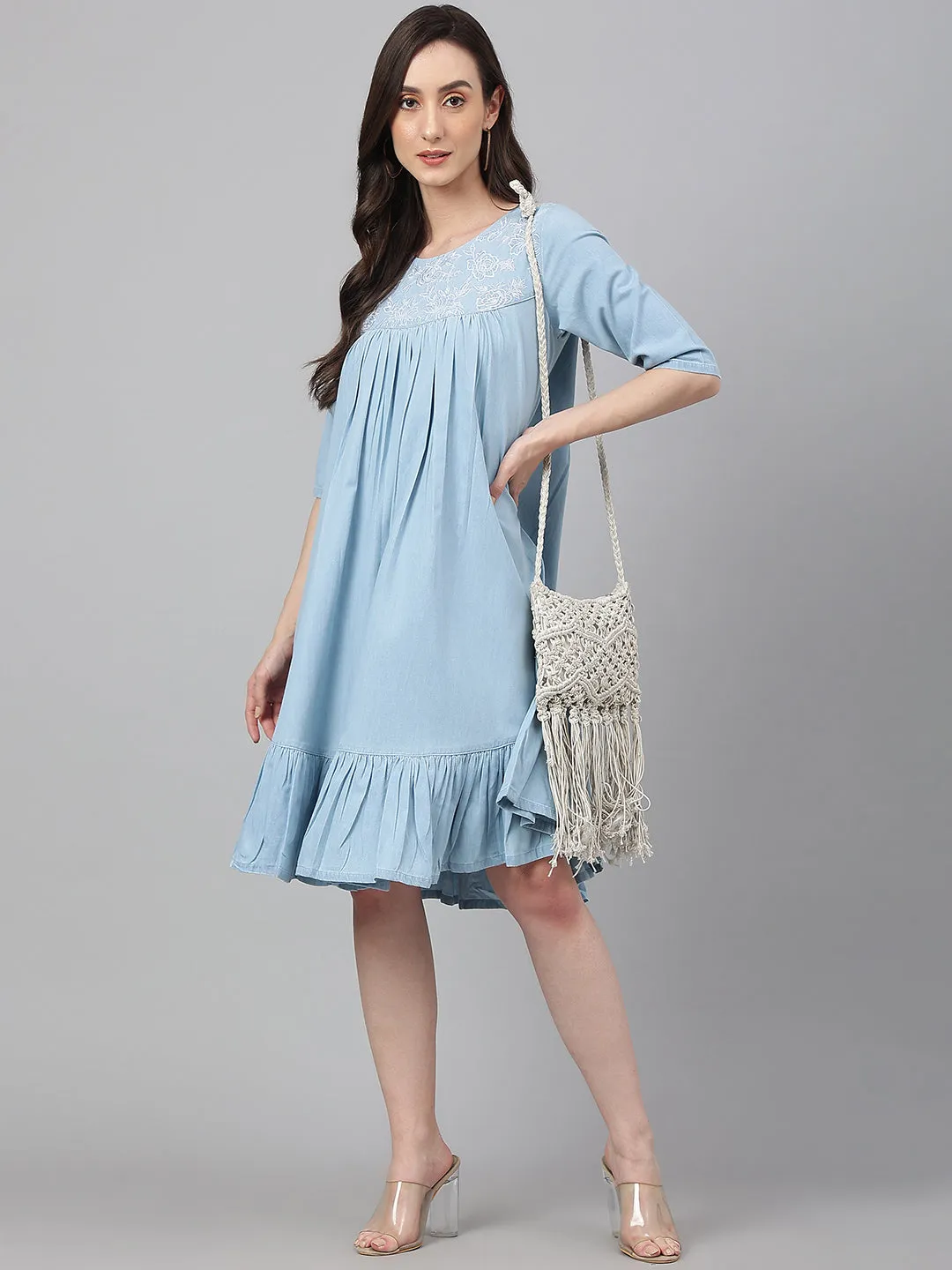 Light Blue Denim Half Sleeve Flared Dress