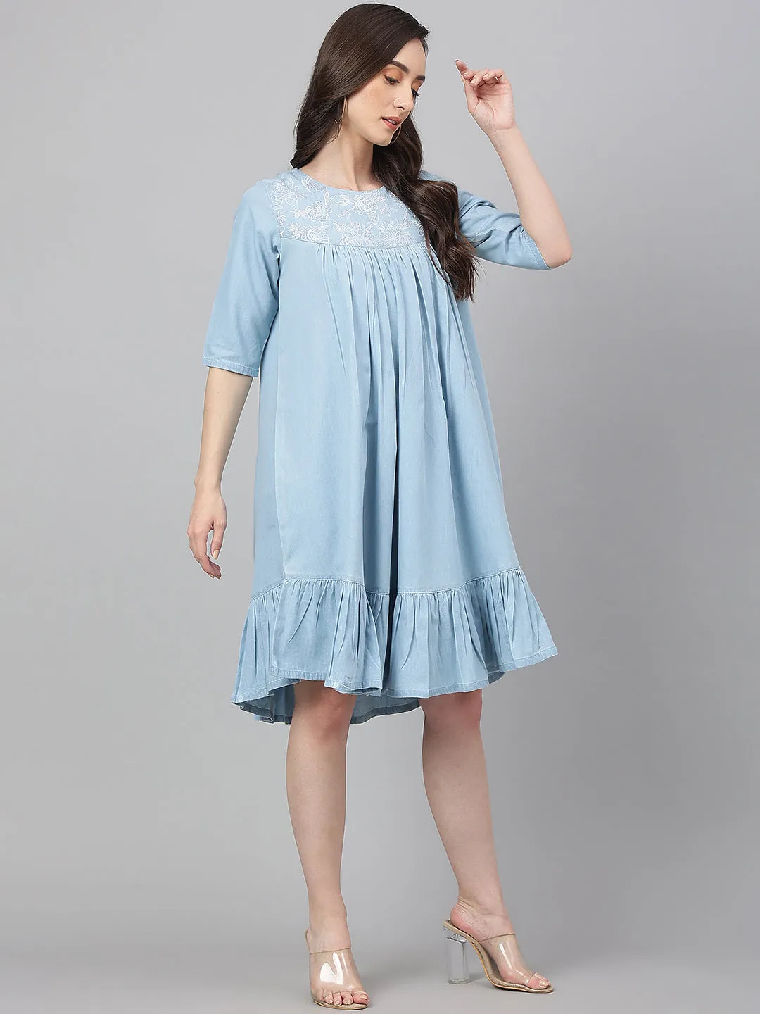 Light Blue Denim Half Sleeve Flared Dress