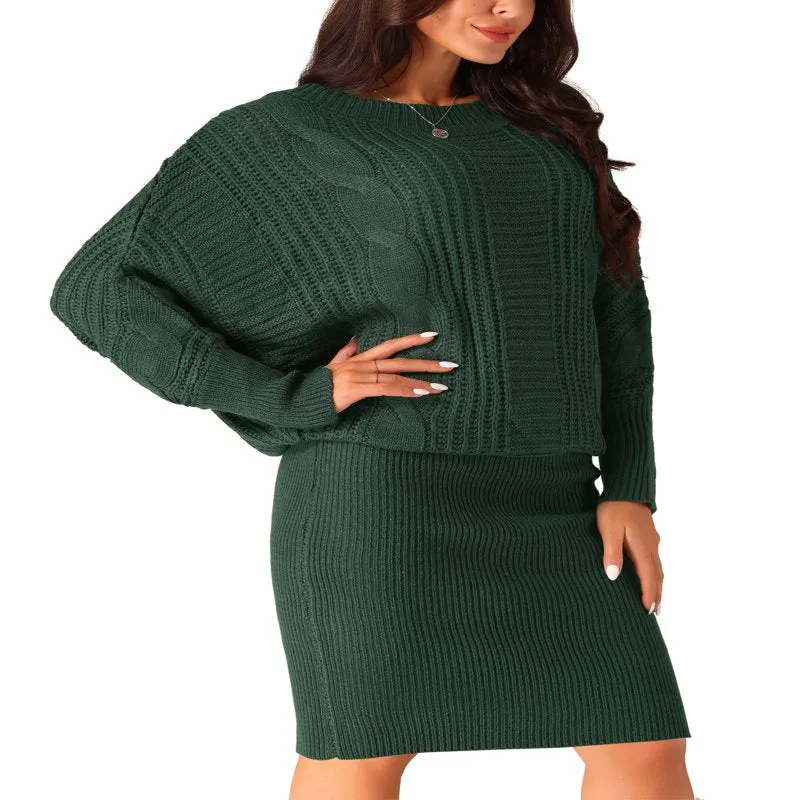 Long Batwing Sleeve Sweater Dress Cable Knit Chunky Bodycon Pullover Mini Dress