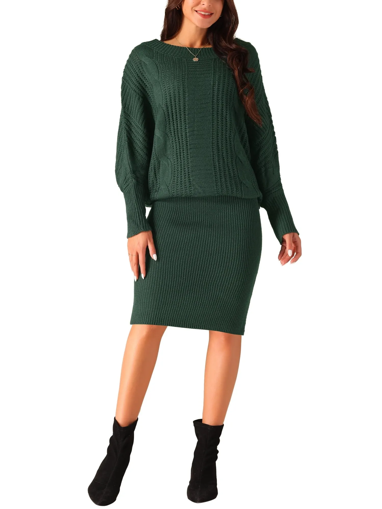 Long Batwing Sleeve Sweater Dress Cable Knit Chunky Bodycon Pullover Mini Dress