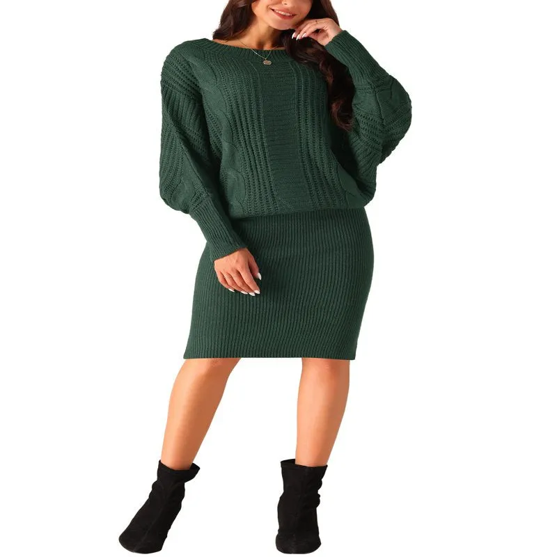 Long Batwing Sleeve Sweater Dress Cable Knit Chunky Bodycon Pullover Mini Dress