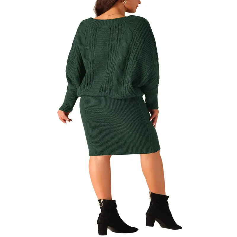 Long Batwing Sleeve Sweater Dress Cable Knit Chunky Bodycon Pullover Mini Dress