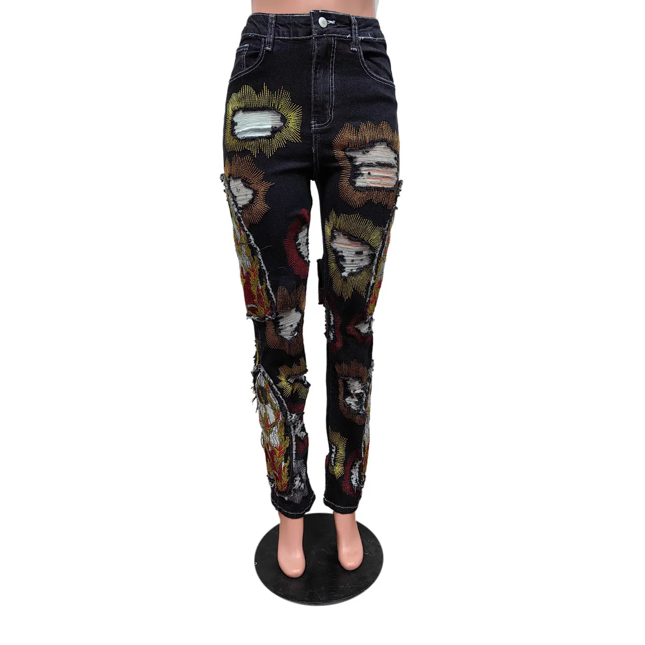 MB2012 Embroidered Elastic Jeans Hot Sale 2024 Fashionable Ripped Hole Graffiti Printed Women Denim Jeans