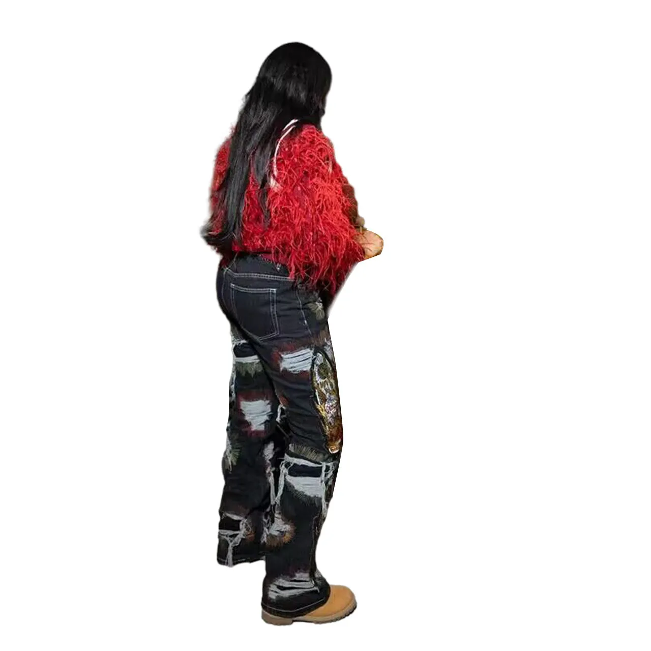 MB2012 Embroidered Elastic Jeans Hot Sale 2024 Fashionable Ripped Hole Graffiti Printed Women Denim Jeans