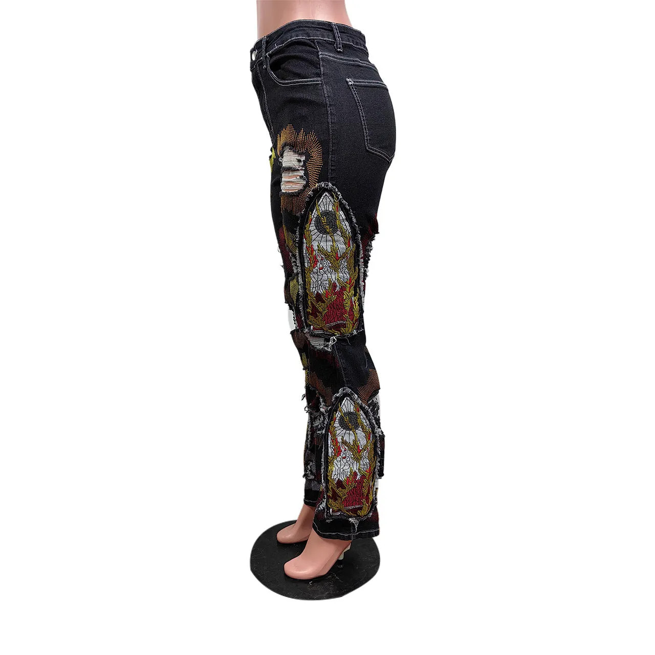 MB2012 Embroidered Elastic Jeans Hot Sale 2024 Fashionable Ripped Hole Graffiti Printed Women Denim Jeans