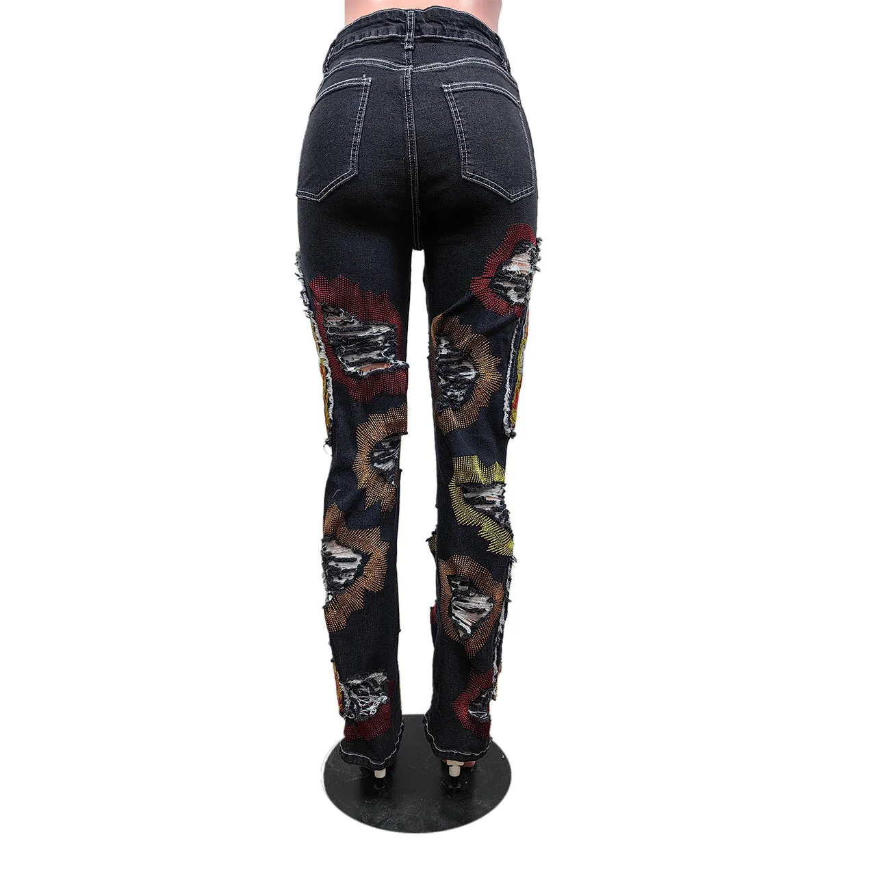 MB2012 Embroidered Elastic Jeans Hot Sale 2024 Fashionable Ripped Hole Graffiti Printed Women Denim Jeans