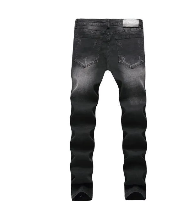 Men's Jeans Distressed Ripped Biker Moto Denim Pants Tapered Leg Slim fit Zipper Black