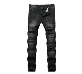 Men's Jeans Distressed Ripped Biker Moto Denim Pants Tapered Leg Slim fit Zipper Black