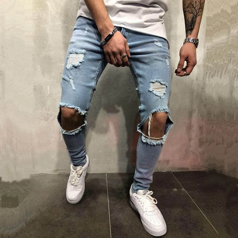 Men's Solid Colored Ripped Jeans