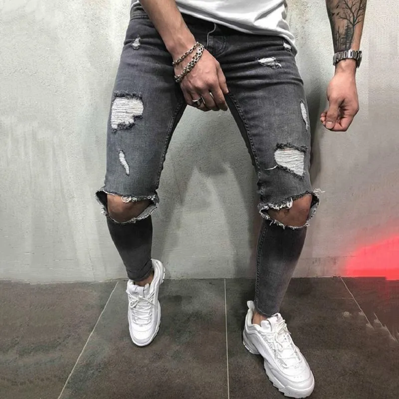 Men's Solid Colored Ripped Jeans