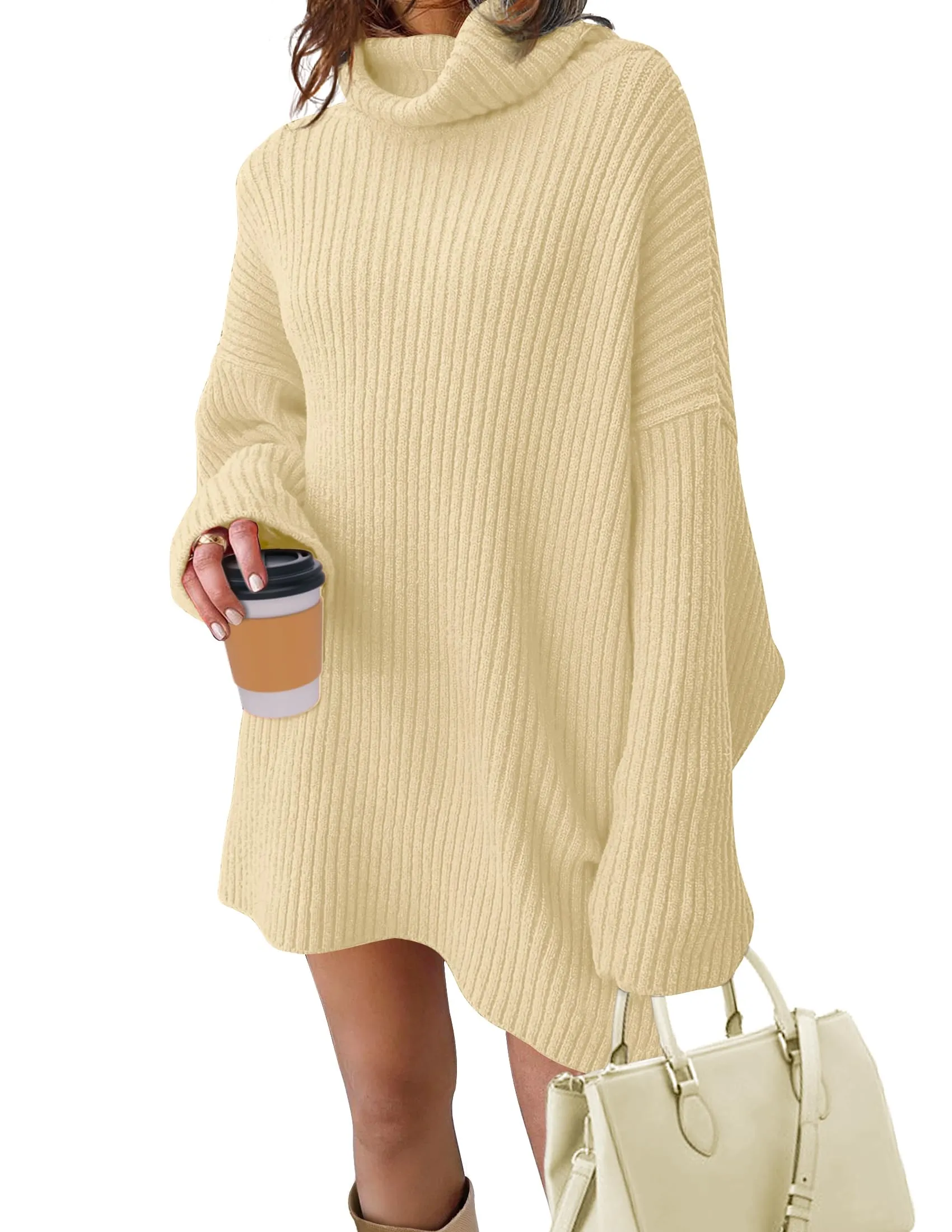 MEROKEETY Turtleneck Oversized Split Ribbed Knit Sweater