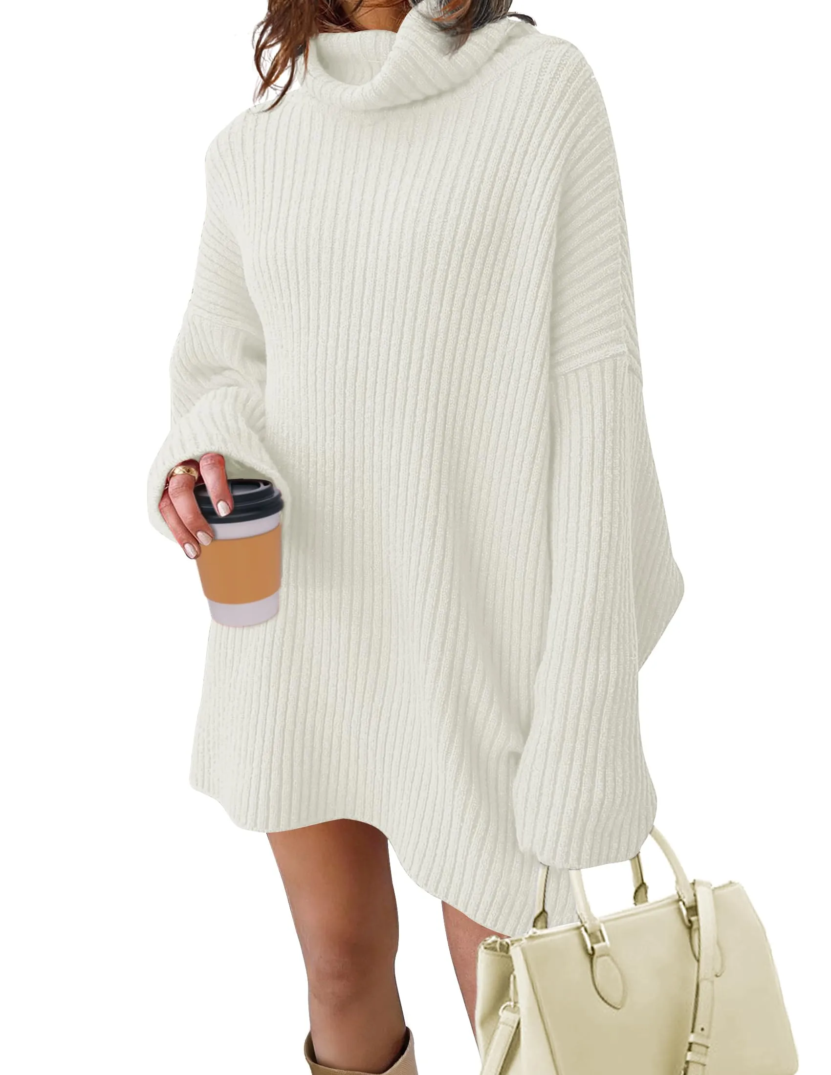 MEROKEETY Turtleneck Oversized Split Ribbed Knit Sweater