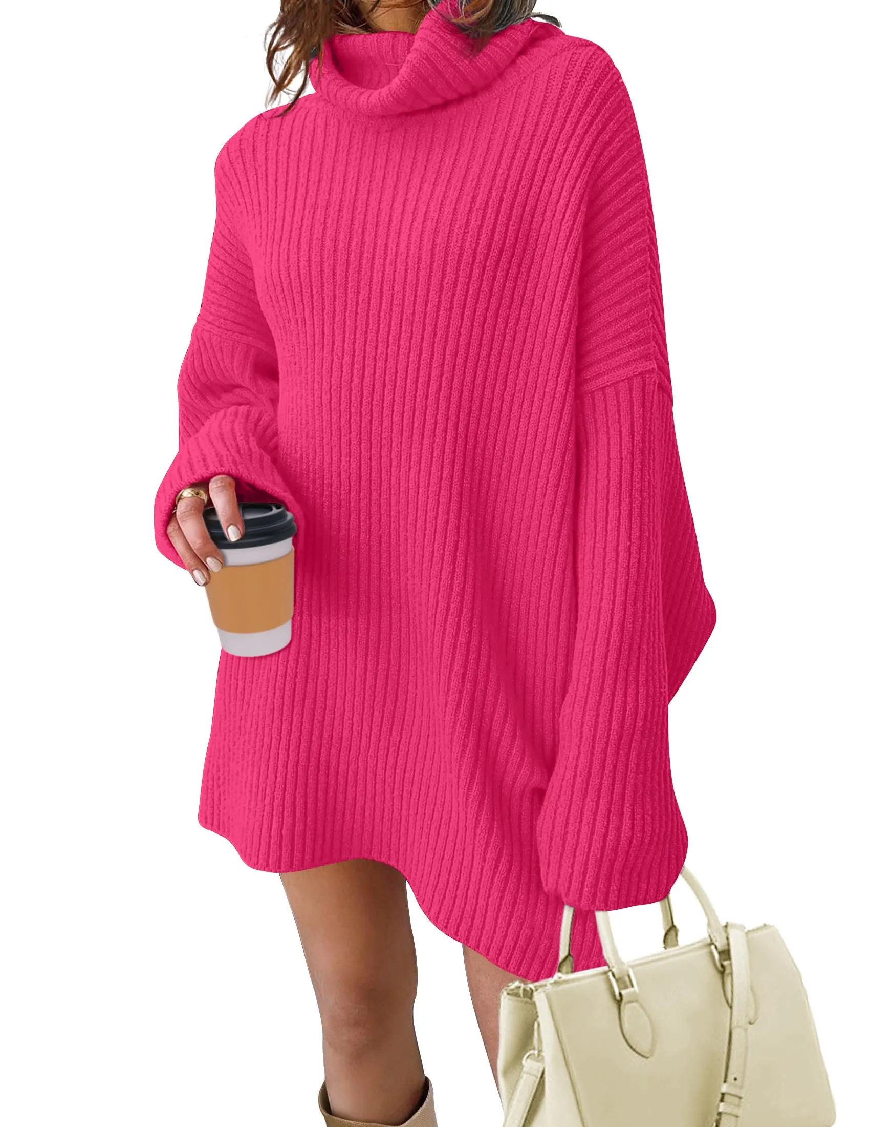 MEROKEETY Turtleneck Oversized Split Ribbed Knit Sweater