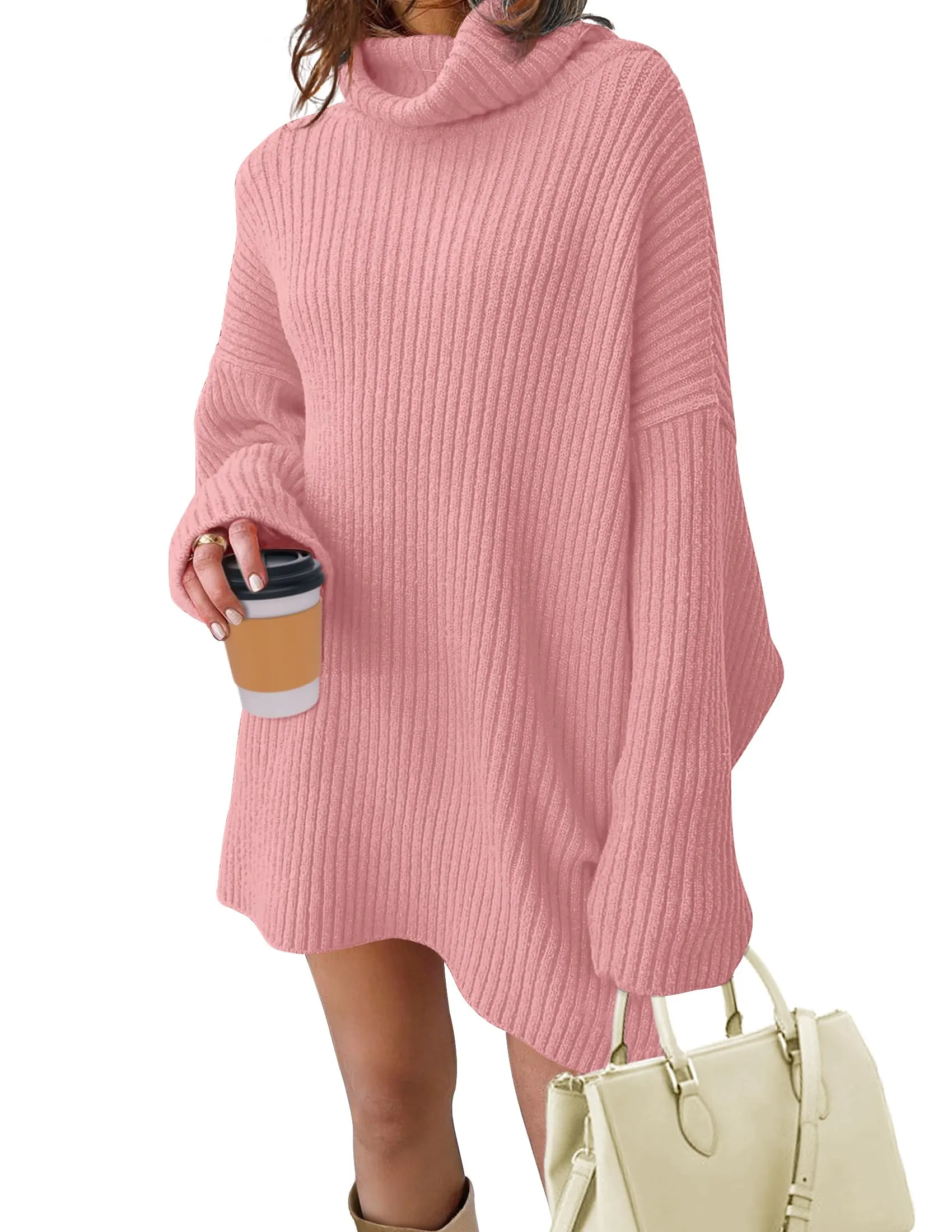 MEROKEETY Turtleneck Oversized Split Ribbed Knit Sweater