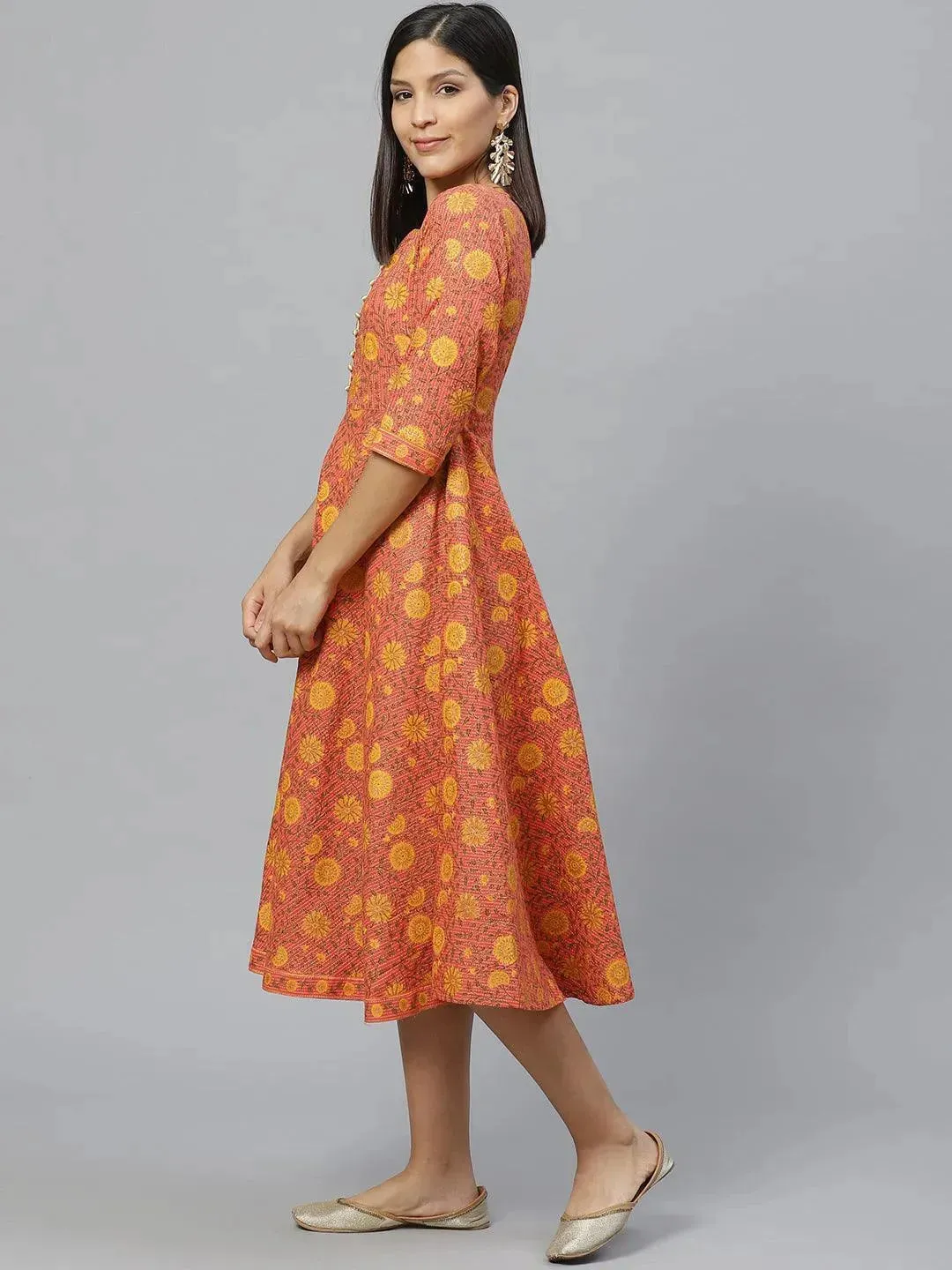 Multicoloured Printed Cotton Dress With Mask