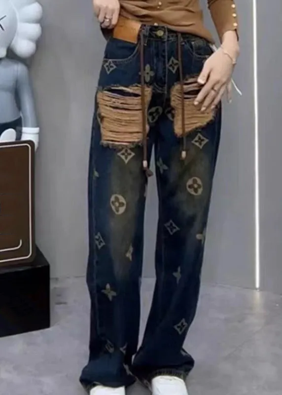 New Ripped Printed Denim Straight Leg Pants For Spring QQ1034