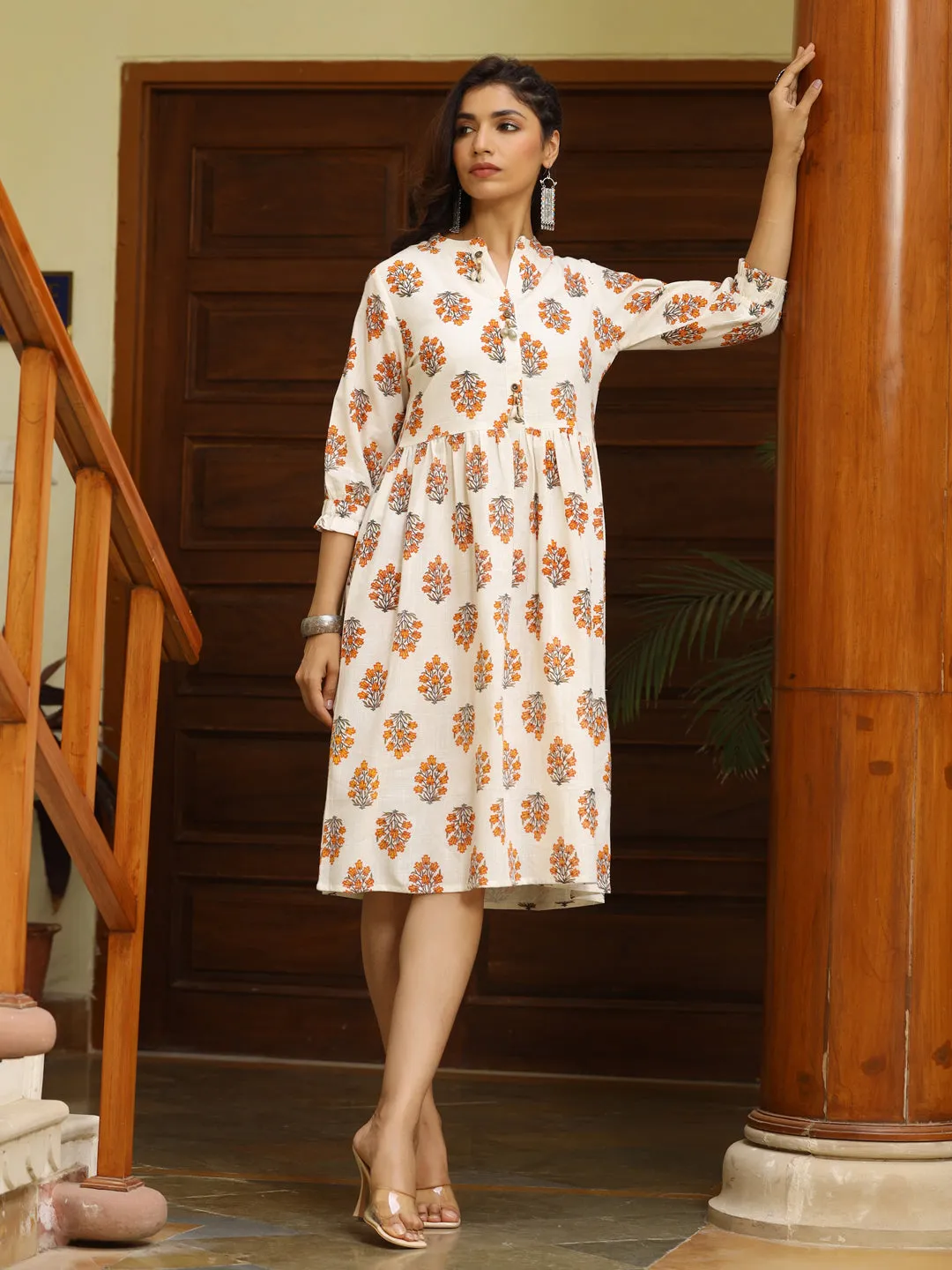 Off White Ethnic Floral Printed Cotton Flared Dress