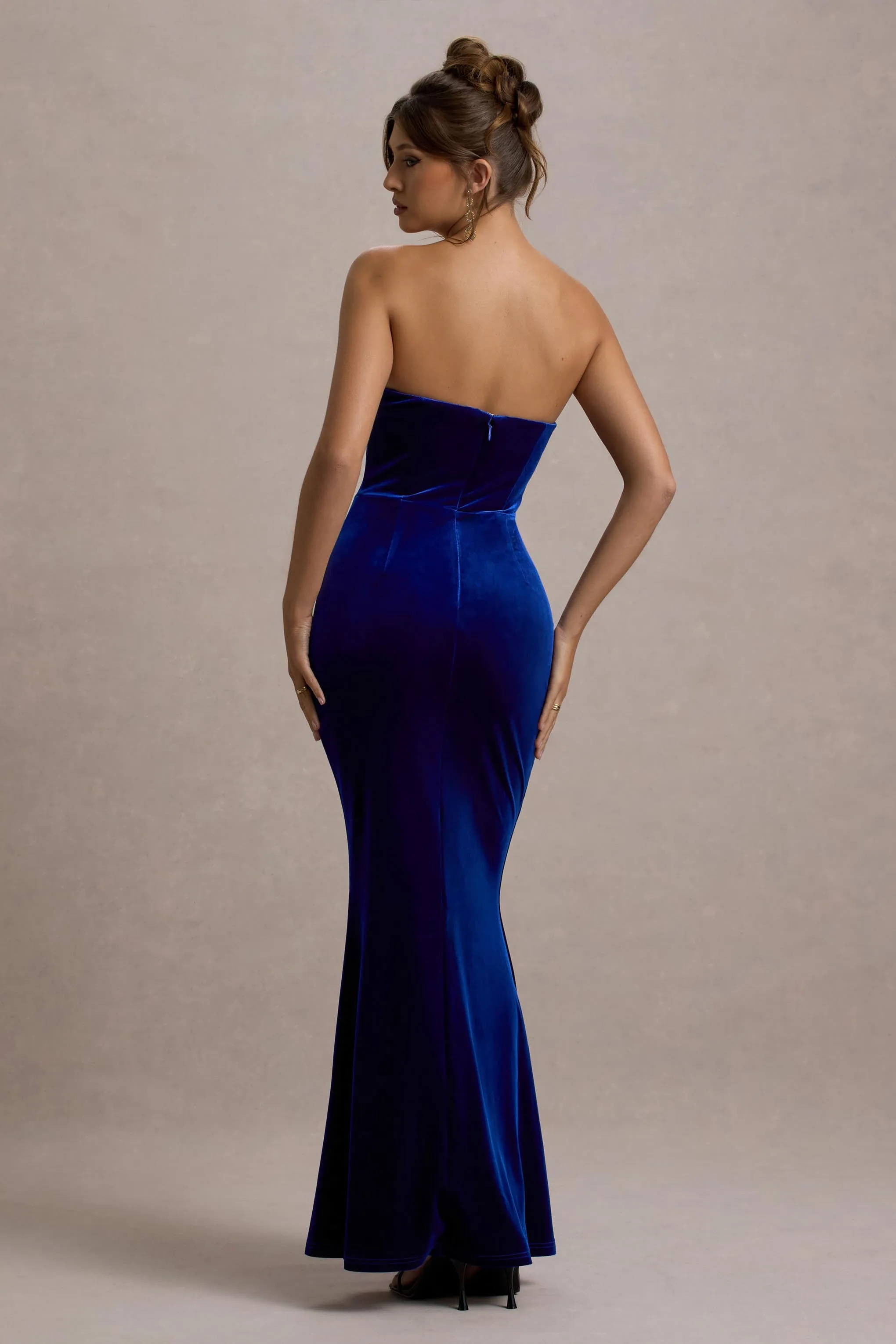 Pacifica | Cobalt Velvet Plunge-Neck Strapless Maxi Dress