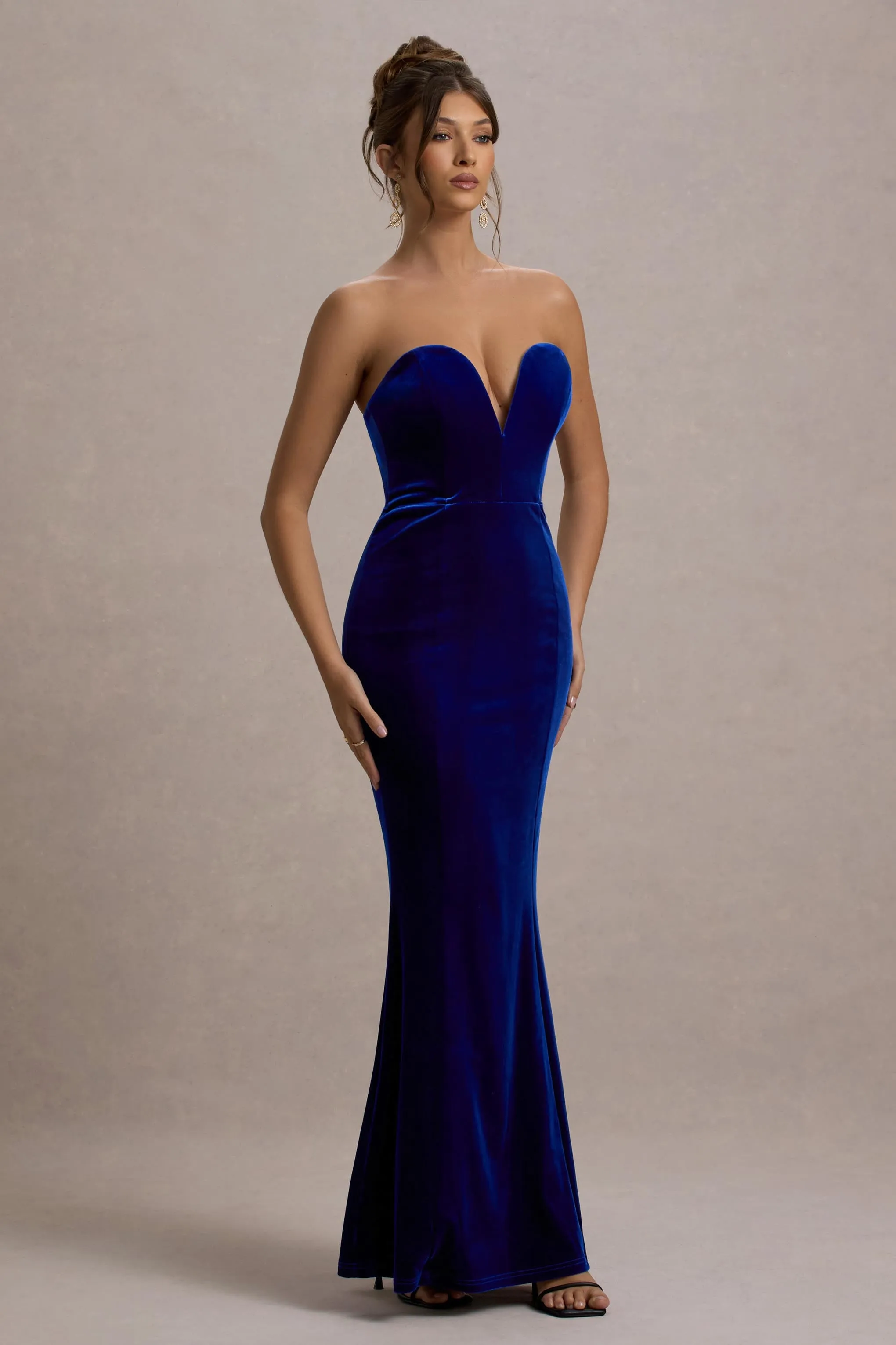 Pacifica | Cobalt Velvet Plunge-Neck Strapless Maxi Dress