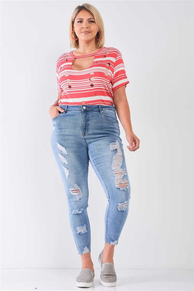 Plus Size Denim Mid-rise Raw Hem Detail Ripped Skinny Jean Pants