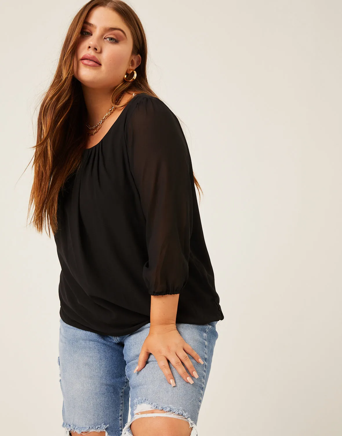 Plus Size Flowy Long Sleeve Chiffon Blouse