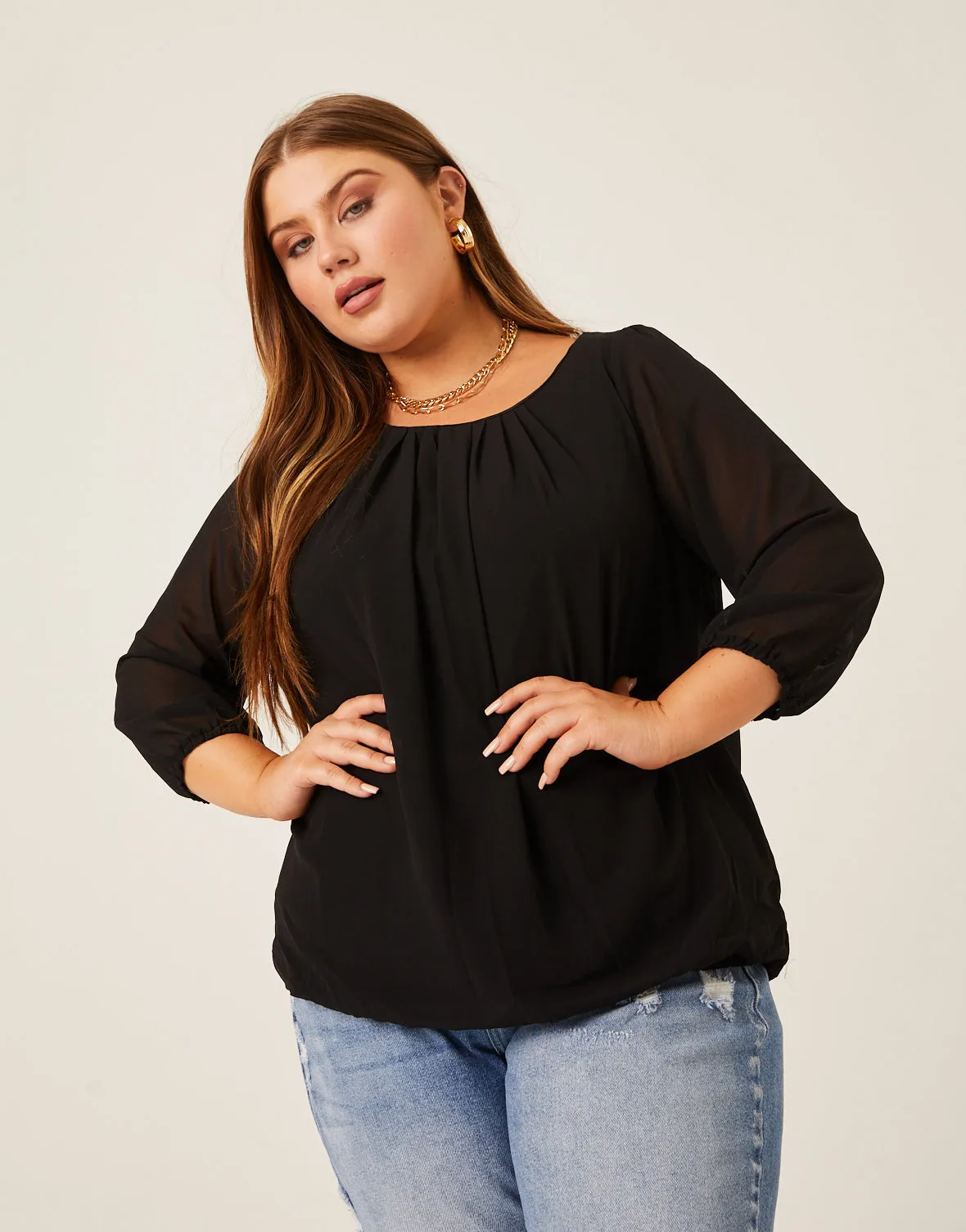 Plus Size Flowy Long Sleeve Chiffon Blouse