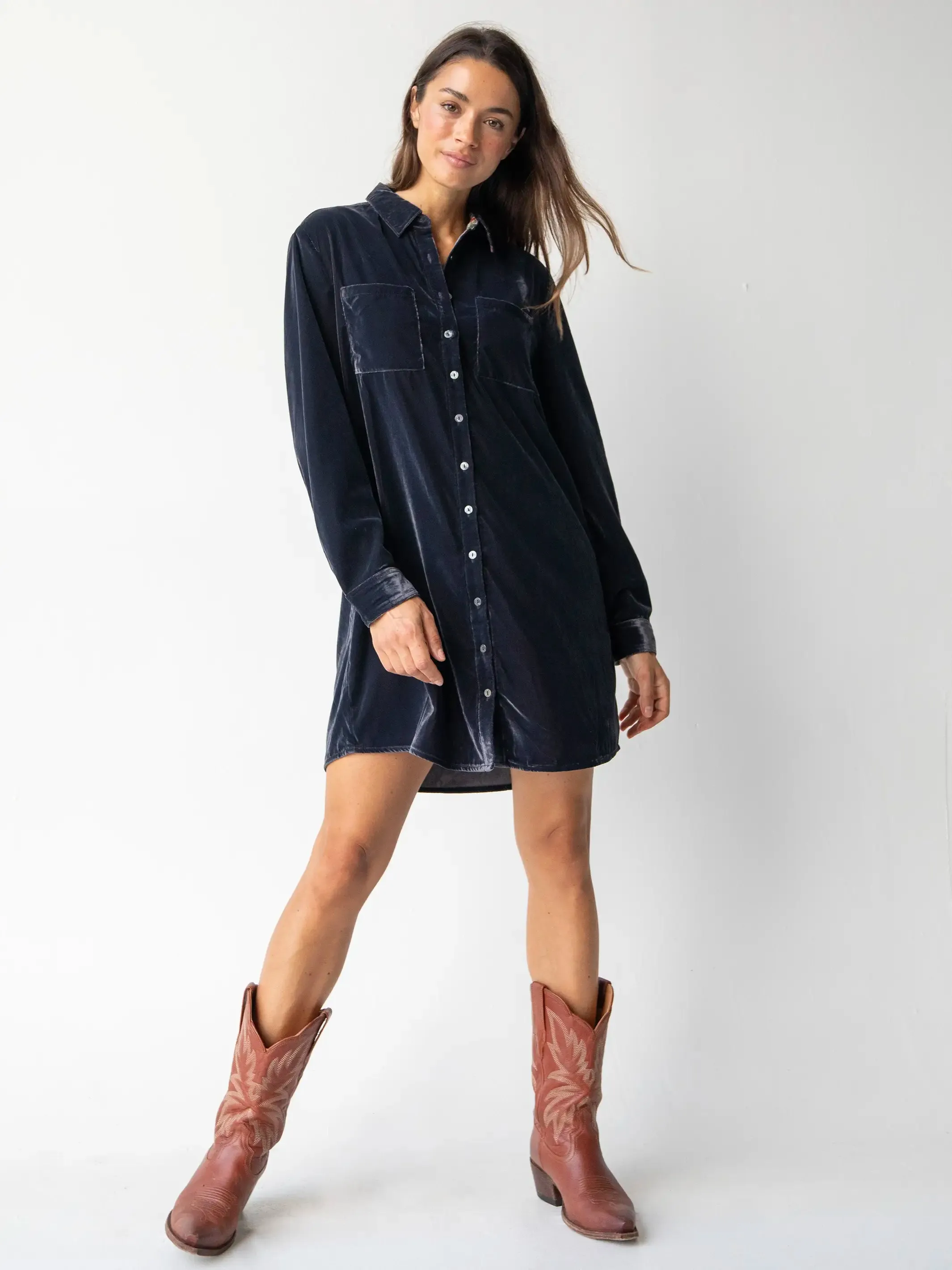 Rocky Velvet Shirt Dress - Slate Grey